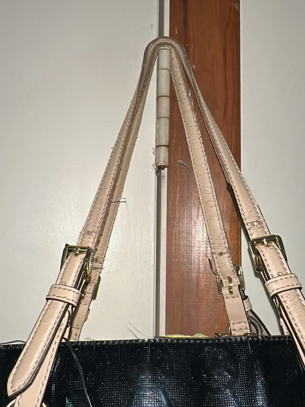 Michael Kors Black Patent Shoulder Tote with Light Tan Straps
